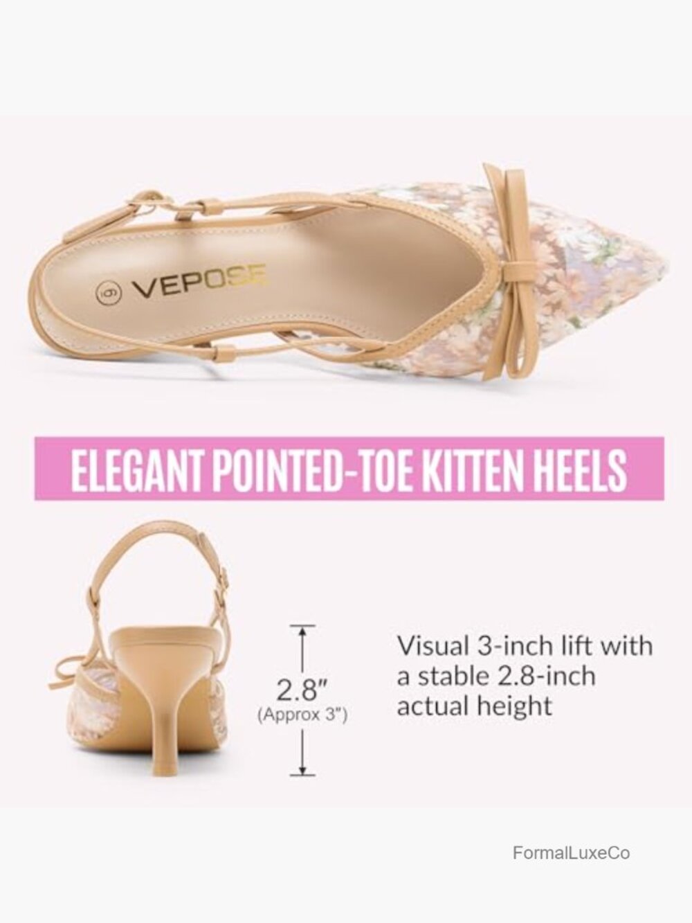 Elegant Floral Mesh Pointed Toe Pumps with Kitten Heel - Picture 4 of 7